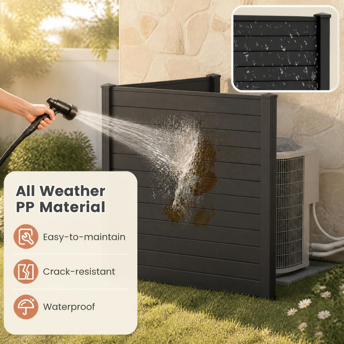 PP Privacy Fence Screen 123cm x 123cm, 2/4 Panels, No-Dig Air Conditioner Trash Can Pool Equipment Enclosure with Galvanized Ground Stakes