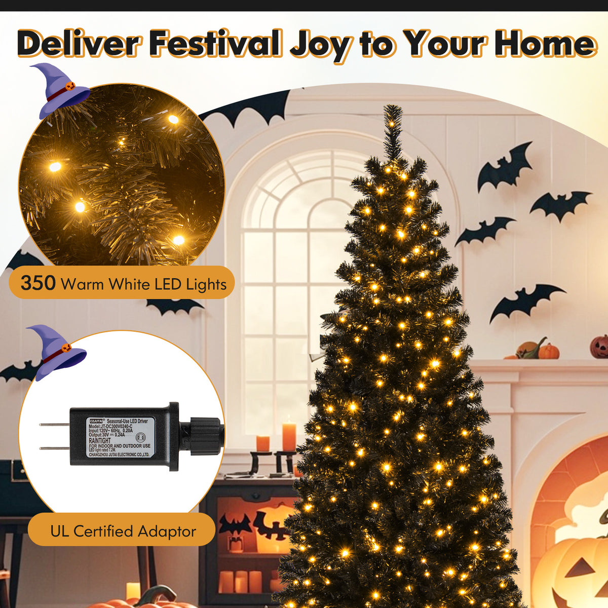 6FT Prelit Pencil Black Christmas Tree, Artificial Slim Xmas Tree with 618 Branch Tips