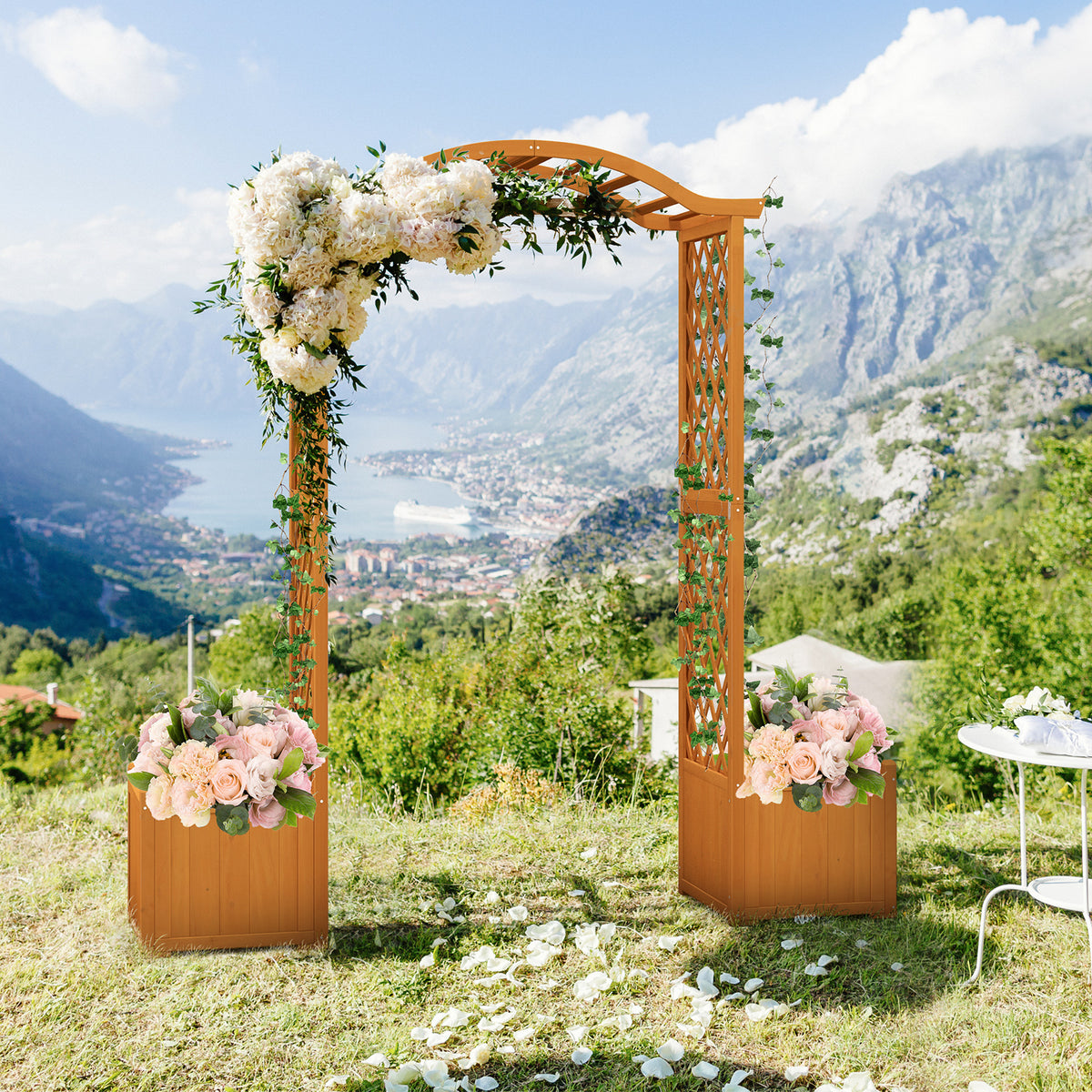 Wooden Garden Arbor with Planter Boxes, White Trellis Archway for Climbing Plants & Decorations