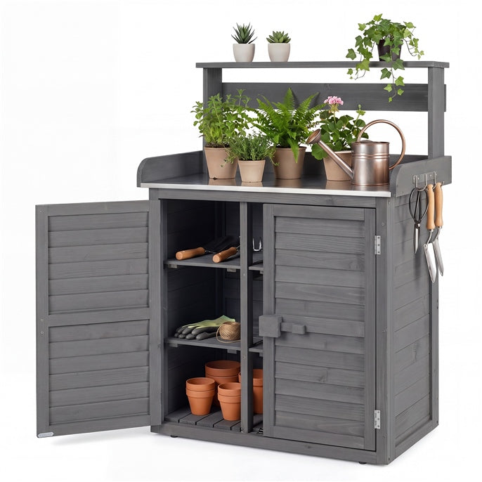 Garden Potting Bench Table, Wood Plant Workstation w/ Stainless Steel Tabletop