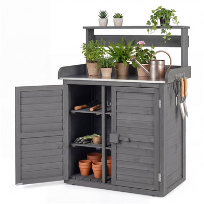 Garden Potting Bench Table, Wood Plant Workstation w/ Stainless Steel Tabletop