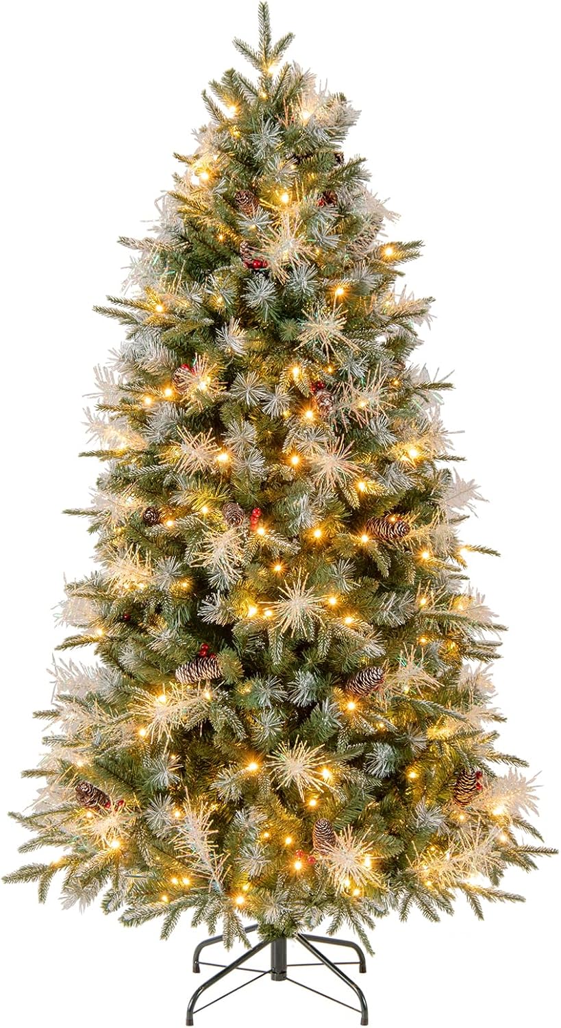 Lucktree 5FT / 6FT / 7FT Pre-Lit Artificial Christmas Tree with LED Lights Pine Cones Berries