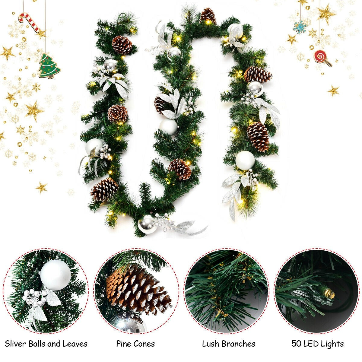 9FT Pre-lit Christmas Garland, with 50 LED Lights - LucktreeUS
