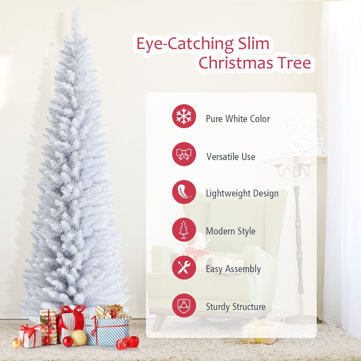 5FT / 6FT / 7FT Pencil Christmas Tree, Artificial Slim White Christmas Tree - LucktreeUS