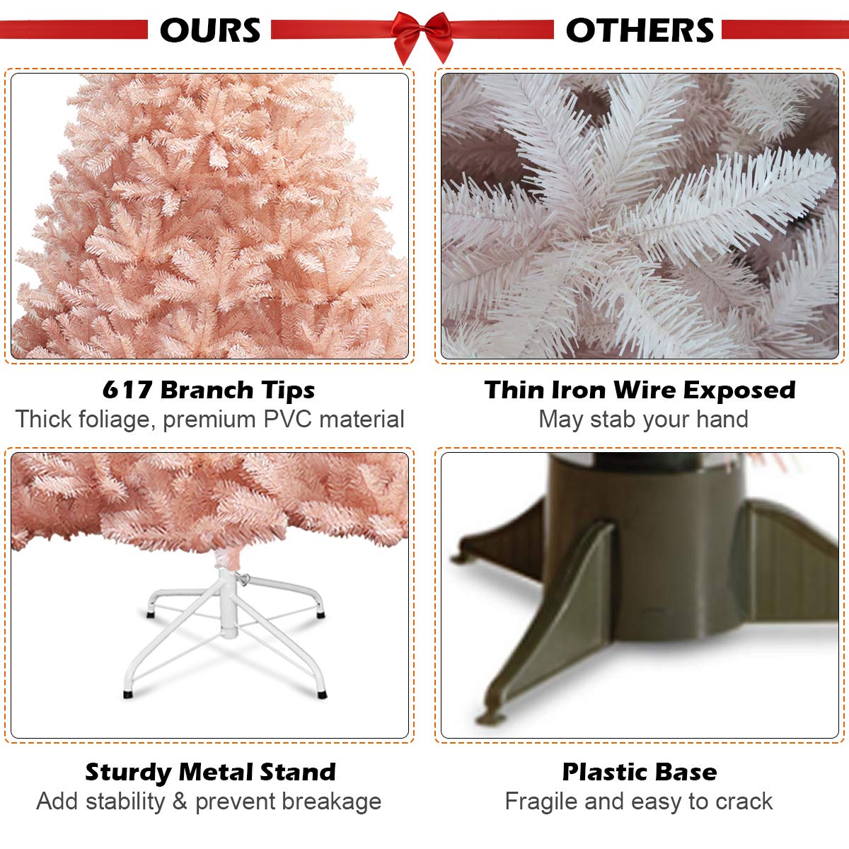 Artificial Pink Christmas Tree, 6ft/7ft Premium Unlit Hinged Spruce Full Tree - LucktreeUS