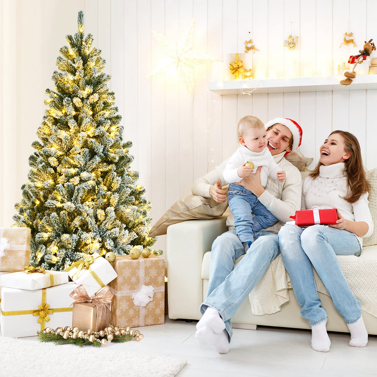 Lucktree Snow Flocked Christmas Tree, Artificial Hinged Xmas Tree - LucktreeUS