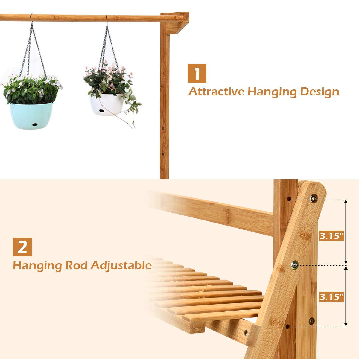 Lucktree 3-Tier Hanging Plant Stand Storage Shelf, Folding Flower Pot Organizer Display Storage Rack