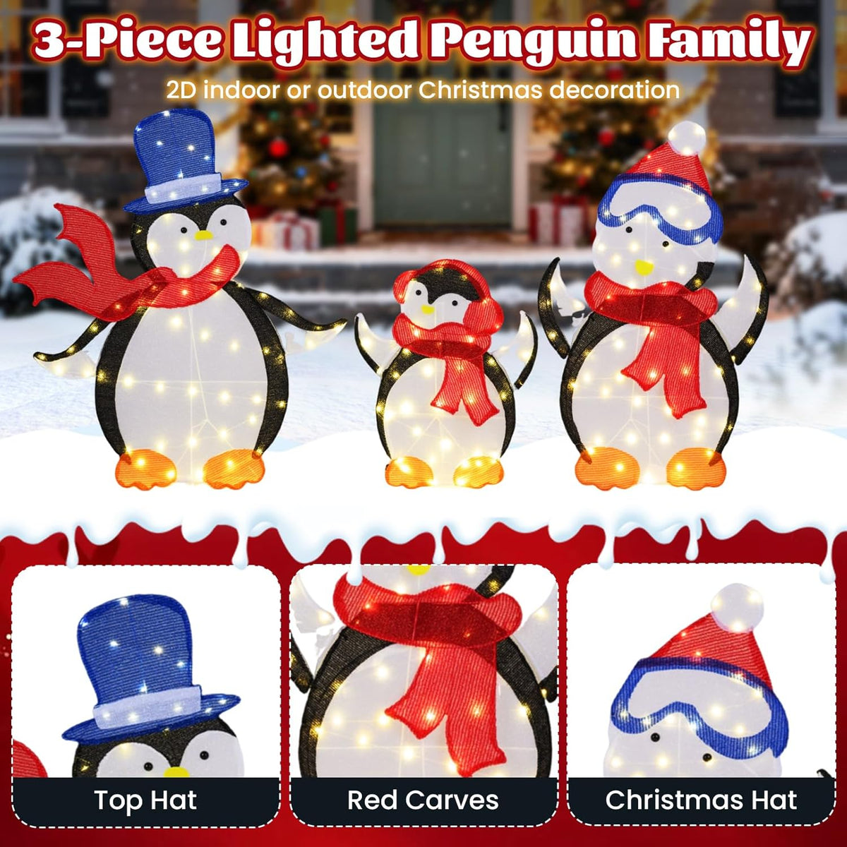 Lucktree 3-Piece Christmas Lighted Penguin Family Set Decoration