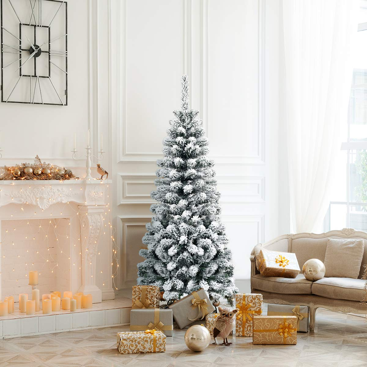 Lucktree Artificial Snow Flocked Christmas Tree, Slim Xmas Snowy Tree for Indoor and Outdoor Use - LucktreeUS