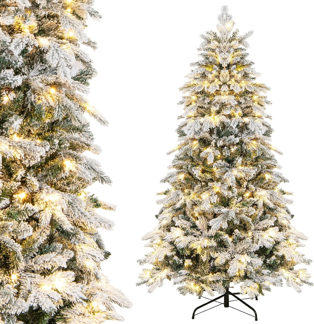 Lucktree Pre-Lit Snow Flocked Christmas Tree, Artificial Hinged Xmas Tree with Branch Tips, PE & PVC Mixed Leaves