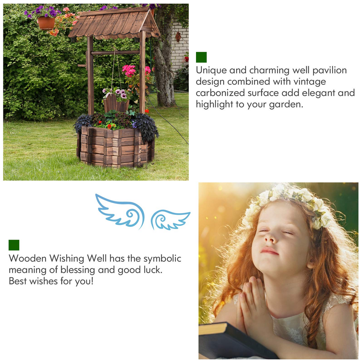 Lucktree Outdoor Wooden Wishing Well with Hanging Bucket
