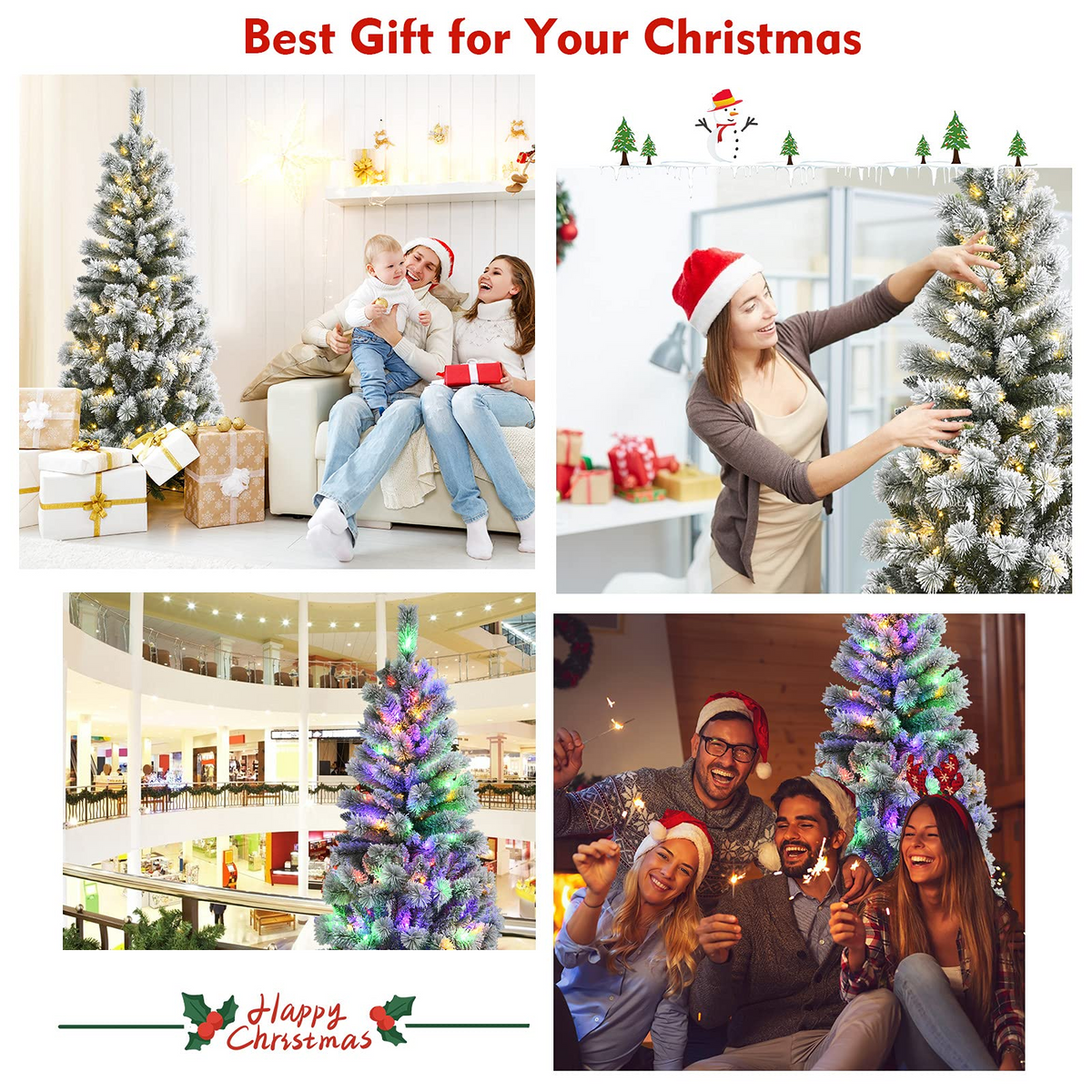 Lucktree Snow Flocked Christmas Tree, Premium Hinged Artificial Pine Tree, Remote Controller, Xmas Full Tree for Indoor - LucktreeUS