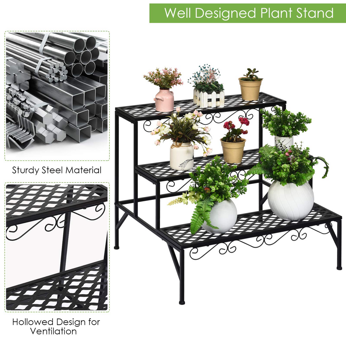 3 Tiers Metal Plant Stand, Ladder Plant Display Rack - Lucktree