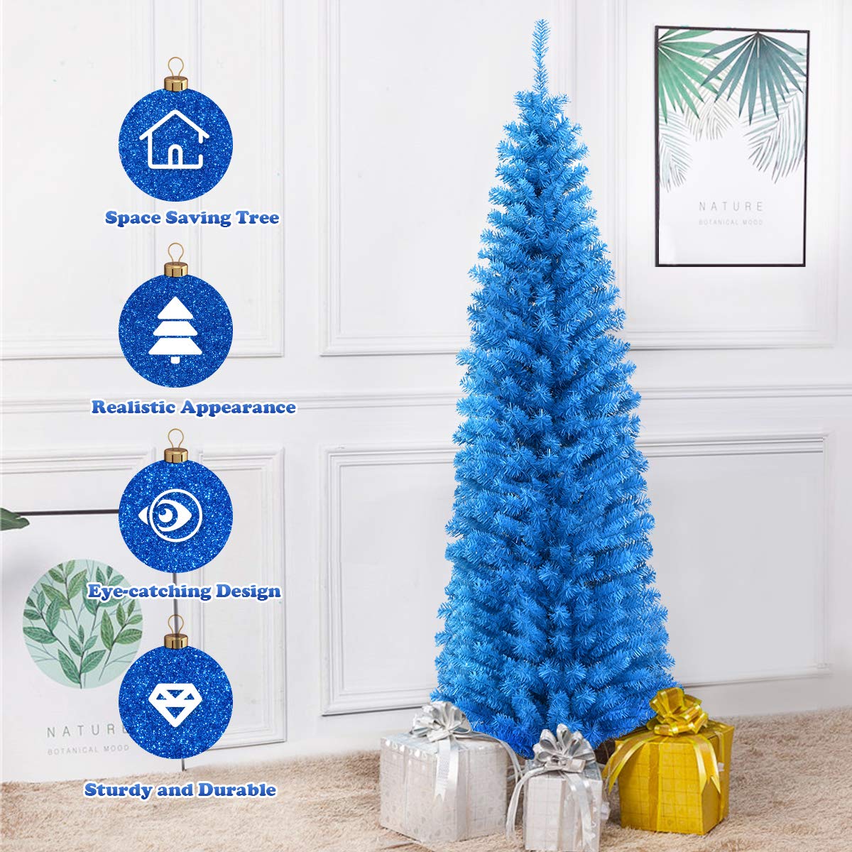 6ft Blue Pencil Christmas Tree, Artificial Slim Tree - LucktreeUS