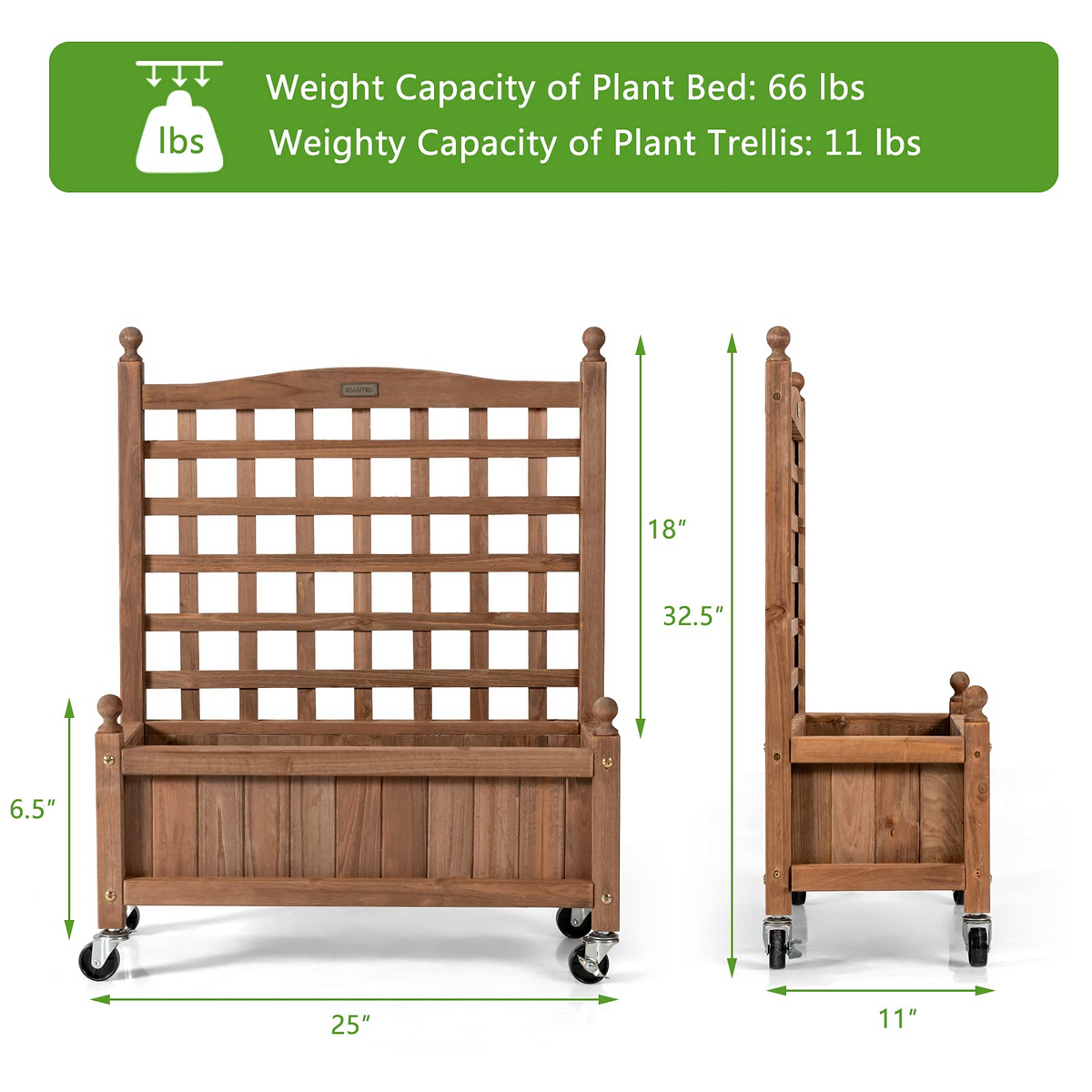 Wood Planter with Lattice Trellis and Wheels, 25'' x 11'' x 32.5'' (L x W x H)