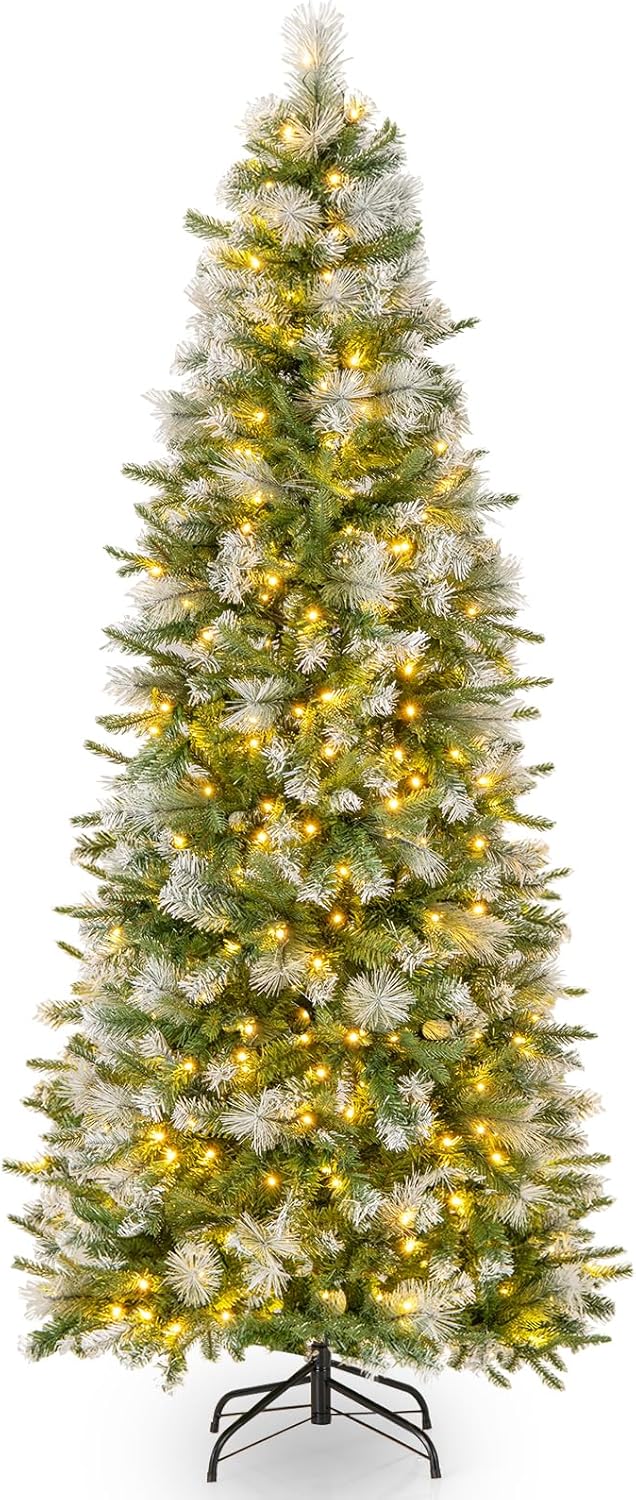 Lucktree 6ft / 7.5ft / 9ft Pre-Lit Pencil Christmas Tree with Flocked Frosted Tips & LED Lights