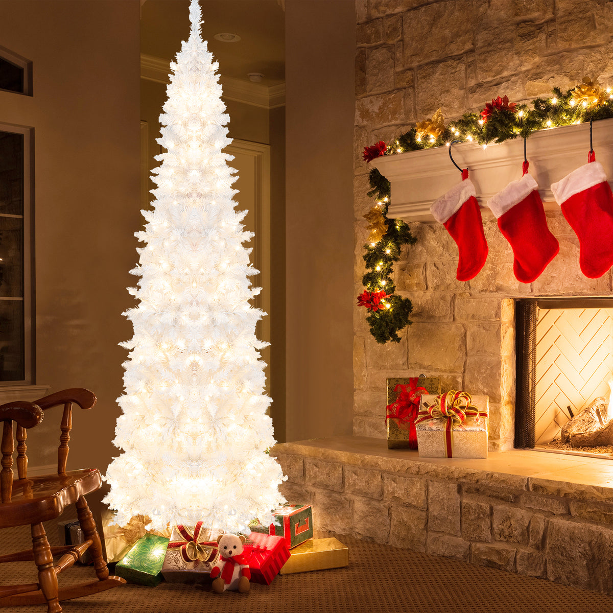 7 FT Christmas Pencil Tree, Hinged Holiday Tree with 300 Warm White LED Lights