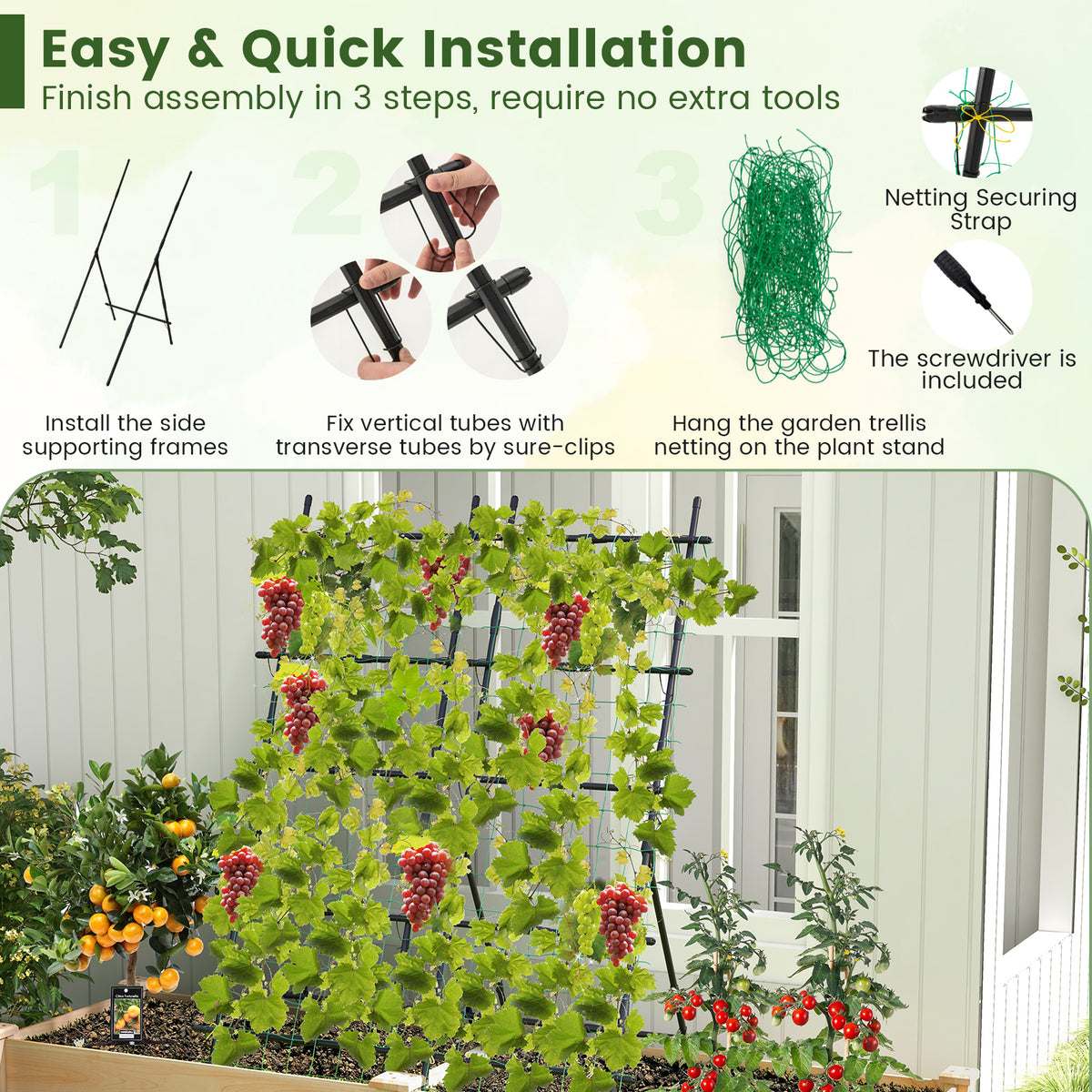 74" Raised Bed Cucumber Trellis, Outdoor Garden Trellis w/Netting, PE-Coated Metal Plant Support for Climbing Vegetables