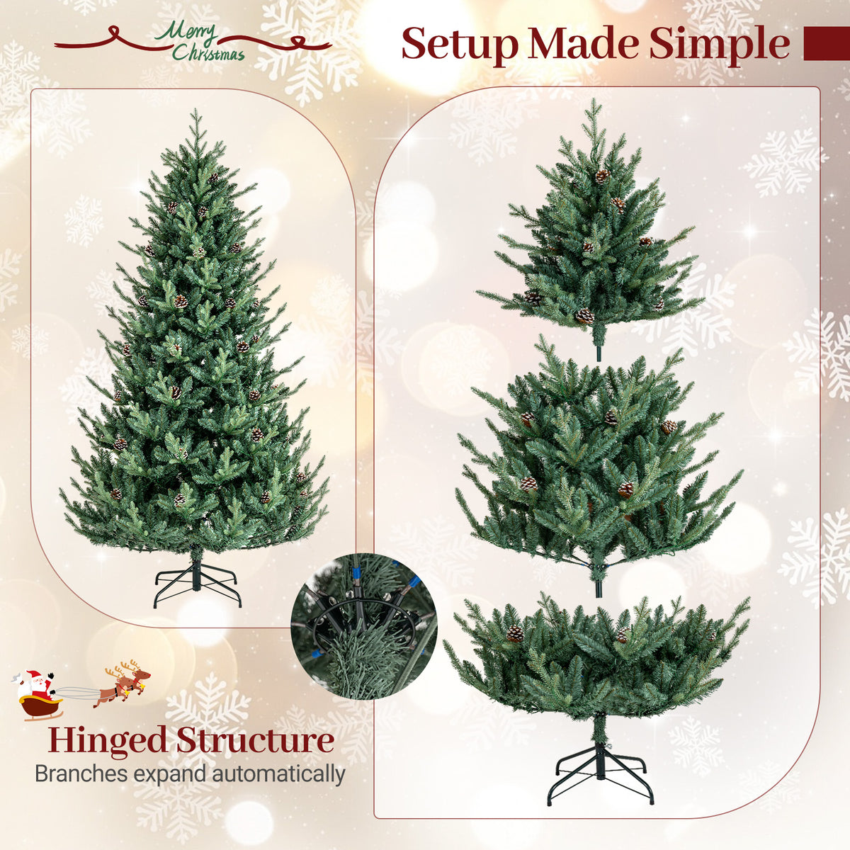 7.5FT Pre-lit Artificial Christmas Tree, Hinged Xmas Tree with 1306 Branch Tips