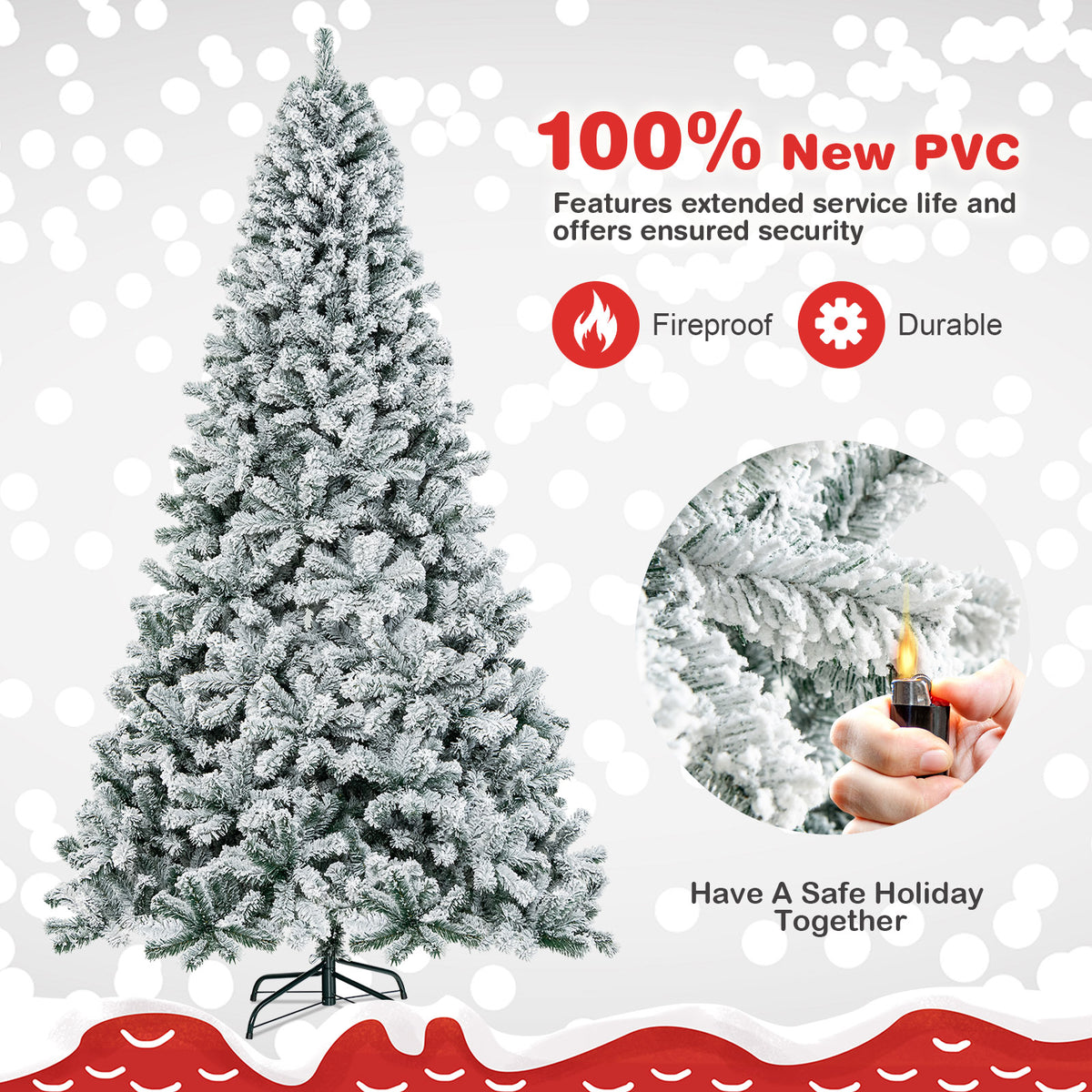 9FT Flocked Christmas Tree, Artificial Xmas Tree w/PVC Needles, Metal Stand