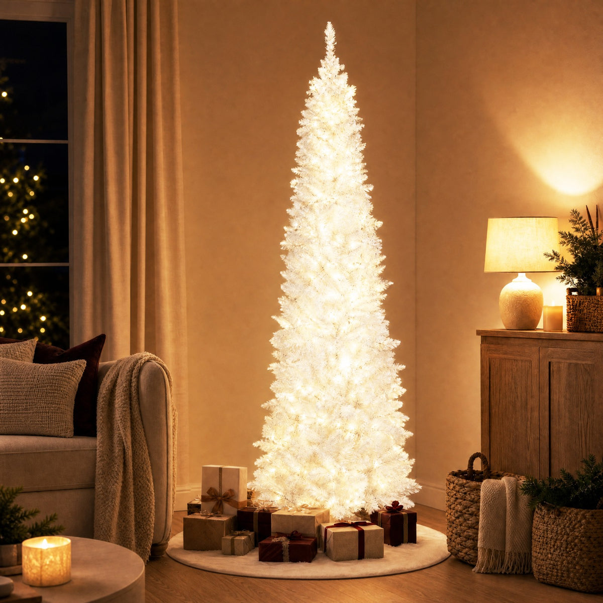 7 FT Christmas Pencil Tree, Hinged Holiday Tree with 300 Warm White LED Lights