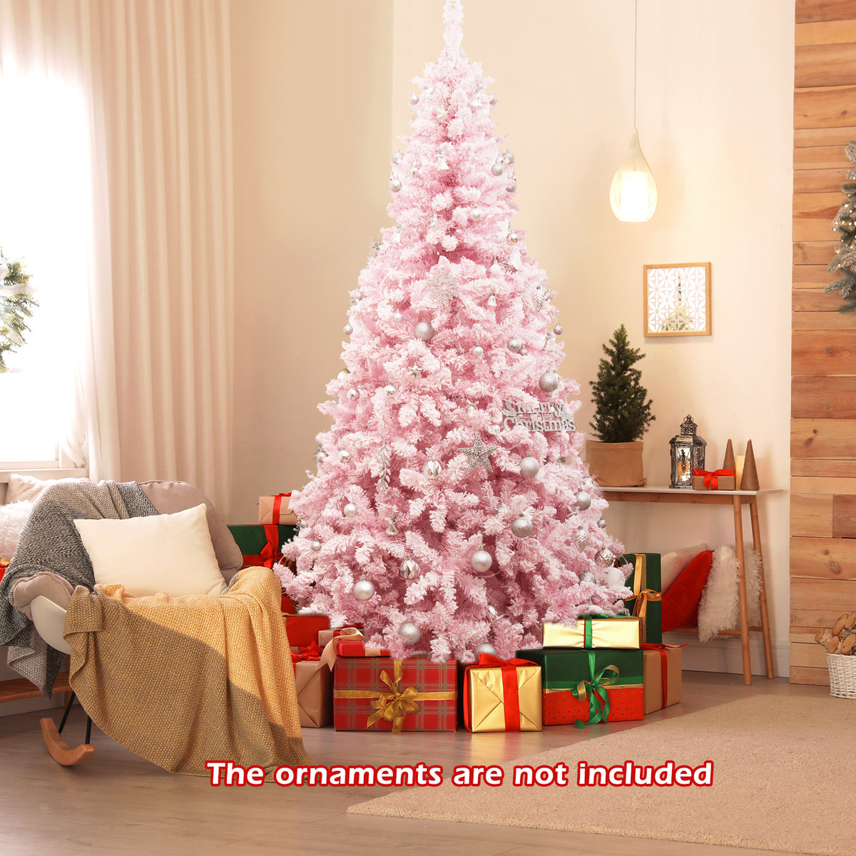7.5 FT Pre-Lit Artificial Christmas Tree with Snow Flocked Pink Leaves