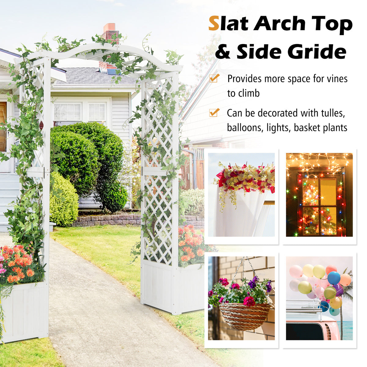 Wooden Garden Arbor with Planter Boxes, White Trellis Archway for Climbing Plants & Decorations