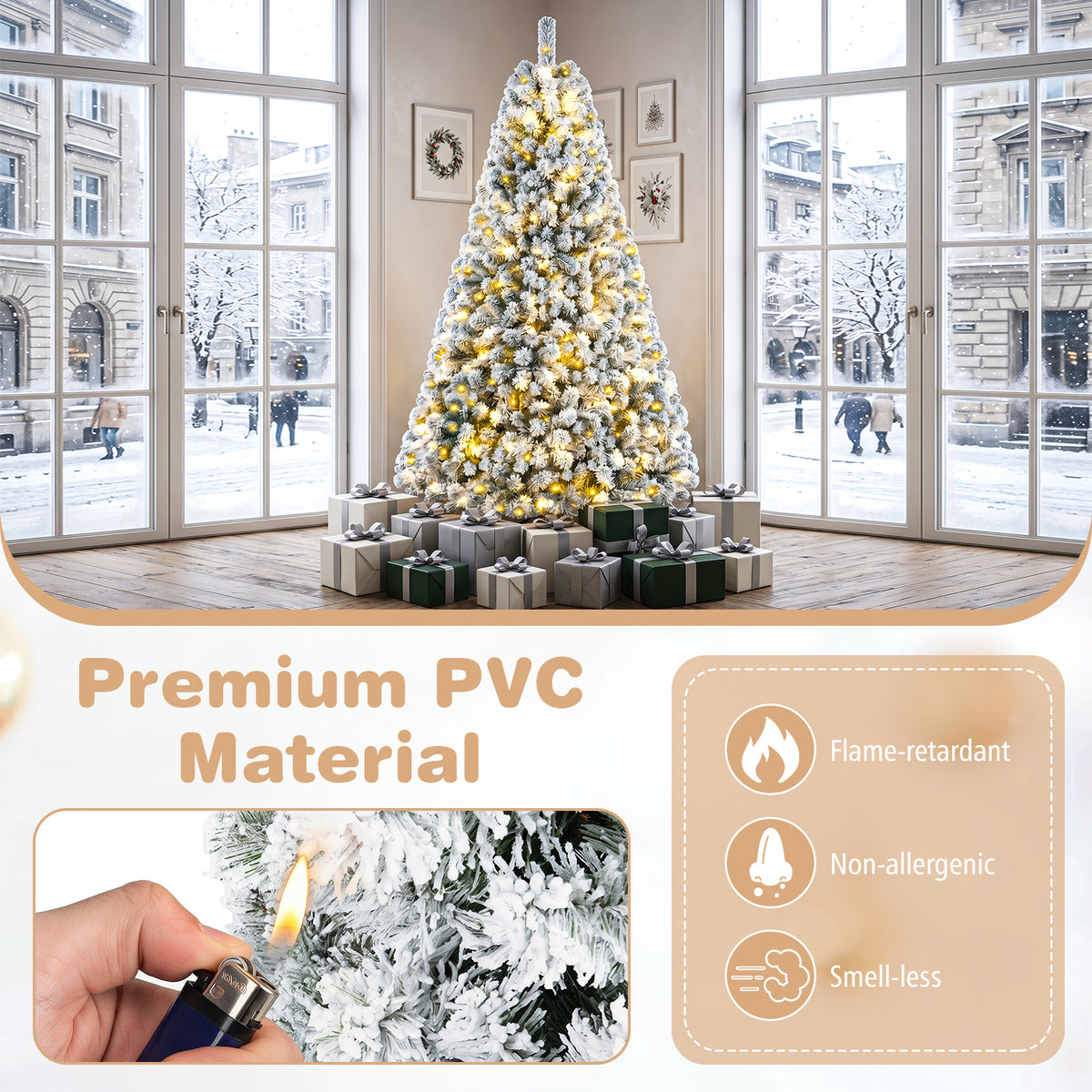 7/6/8 FT Snow-Flocked Artificial Christmas Tree, Pre-lit Xmas Tree
