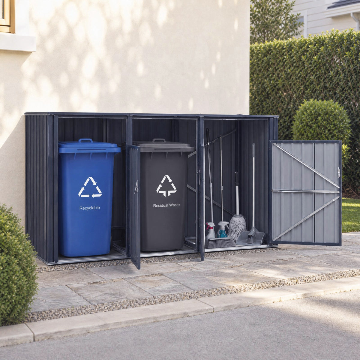 3-Bin Metal Trash Can Storage Shed, 238 x 79 CM Outdoor Garbage Shed with Flip-Up Lids & Lockable Doors