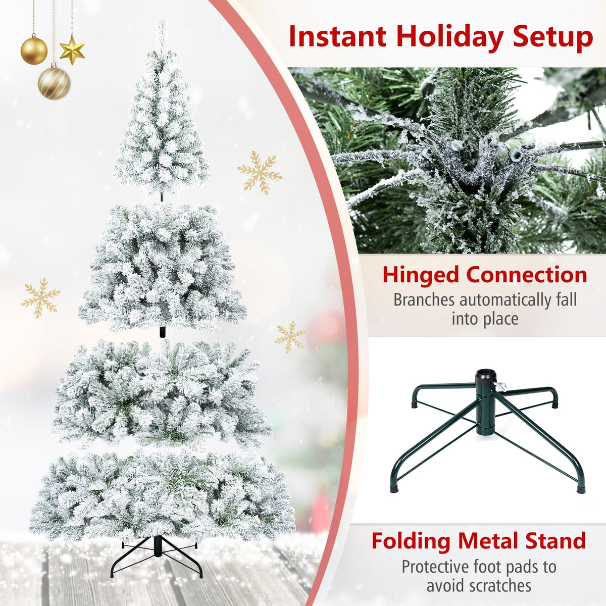 Lucktree 6FT/9FT Artificial Christmas Tree Unlit Flocked Xmas Tree with Full Branch Tips & Folding Metal Stand