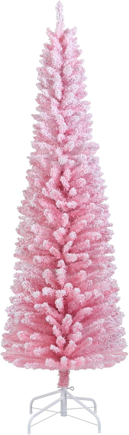 Lucktree 5ft / 6ft Pink Slim Pencil Christmas Tree | Snow Flocked Skinny Xmas Full Tree