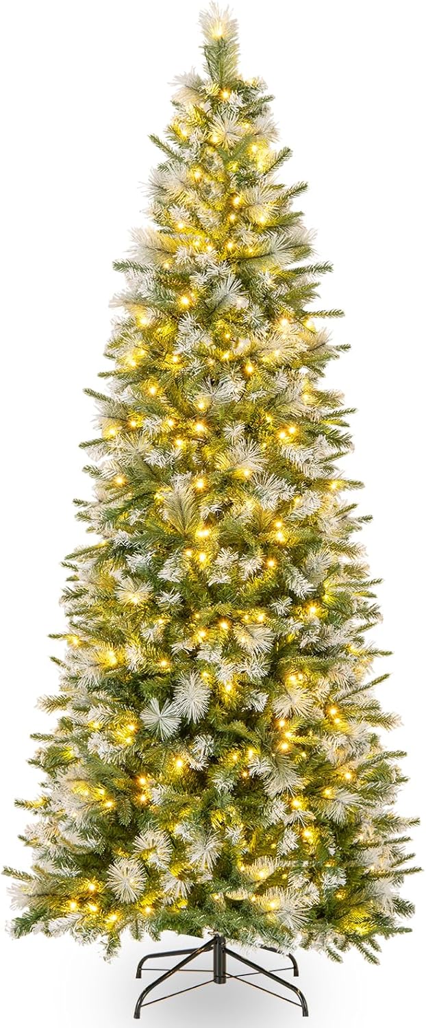Lucktree 6ft / 7.5ft / 9ft Pre-Lit Pencil Christmas Tree with Flocked Frosted Tips & LED Lights