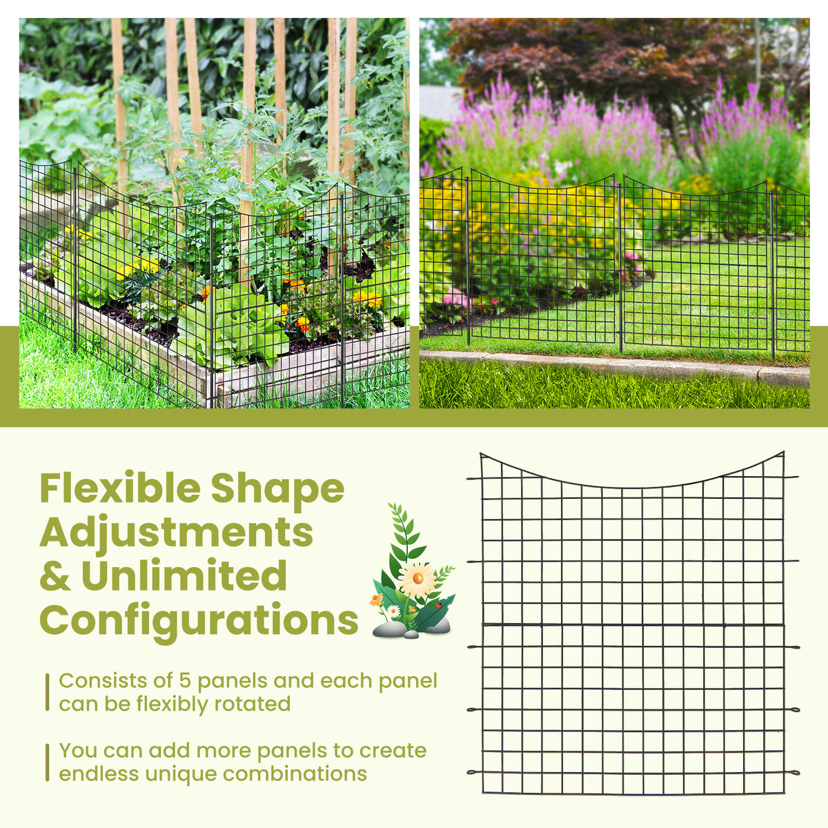 5-Panel Decorative Garden Fence with 5 Stakes, 39" Tall Outdoor Dog Barrier
