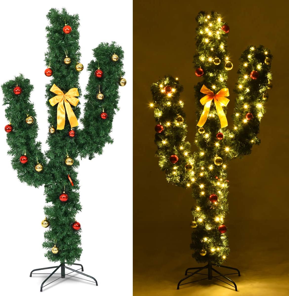 Pre-Lit Artificial Cactus Christmas Tree with LED Lights and Ball Ornaments -  Lucktree