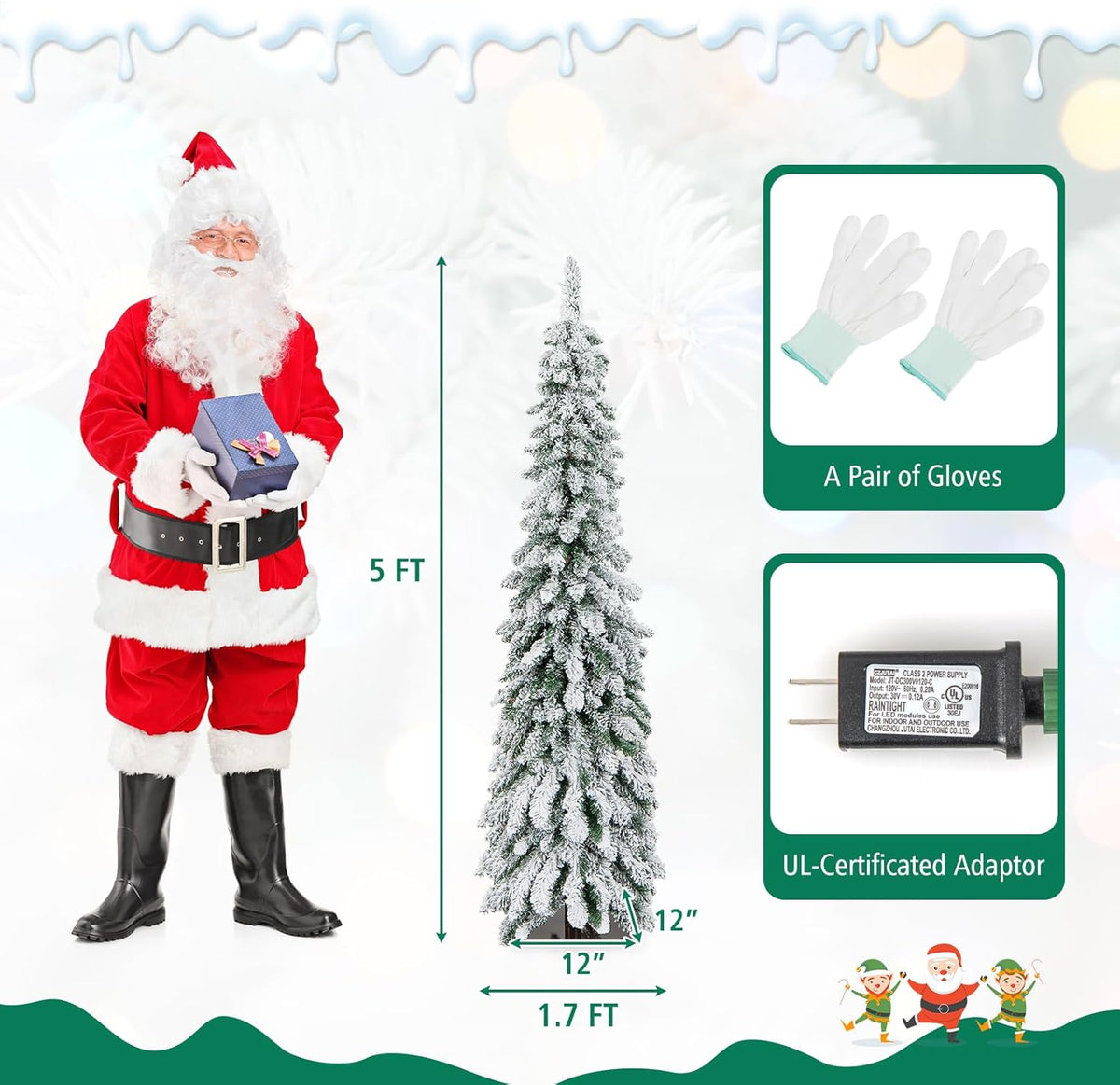 Lucktree Pre-Lit Flocked Pencil Christmas Tree Artificial Slim Xmas Tree