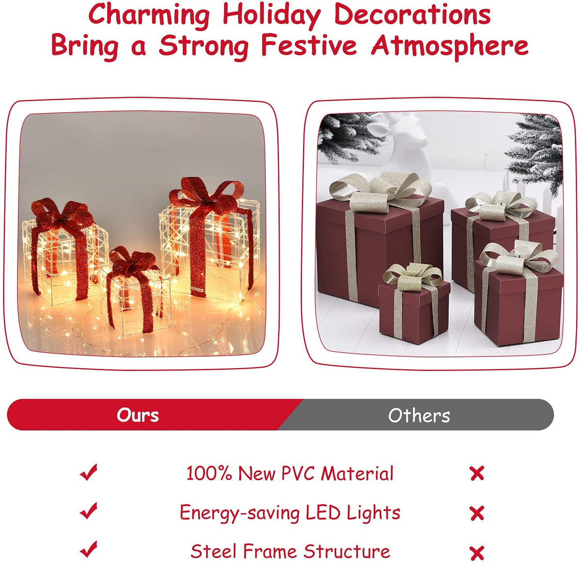 Lighted Gift Boxes Christmas Decoration, Set of 3 White Present Ornament Boxes with 60 LED Lights - LucktreeUS