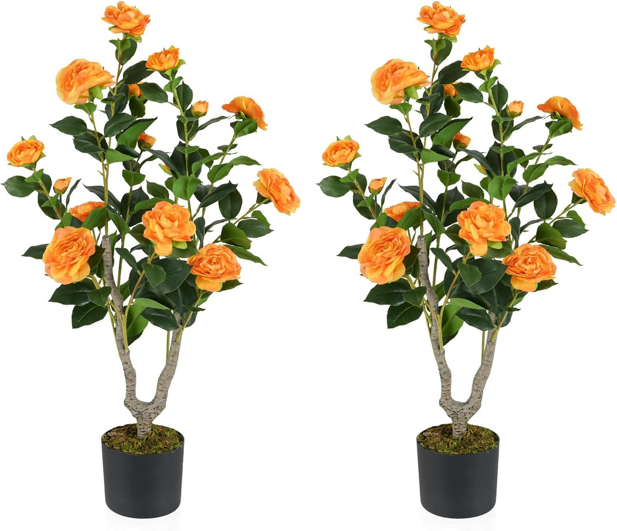 Lucktree 36’’ Artificial Camellia Tree Faux Floral Plant Blooming Tree in Nursery Pot