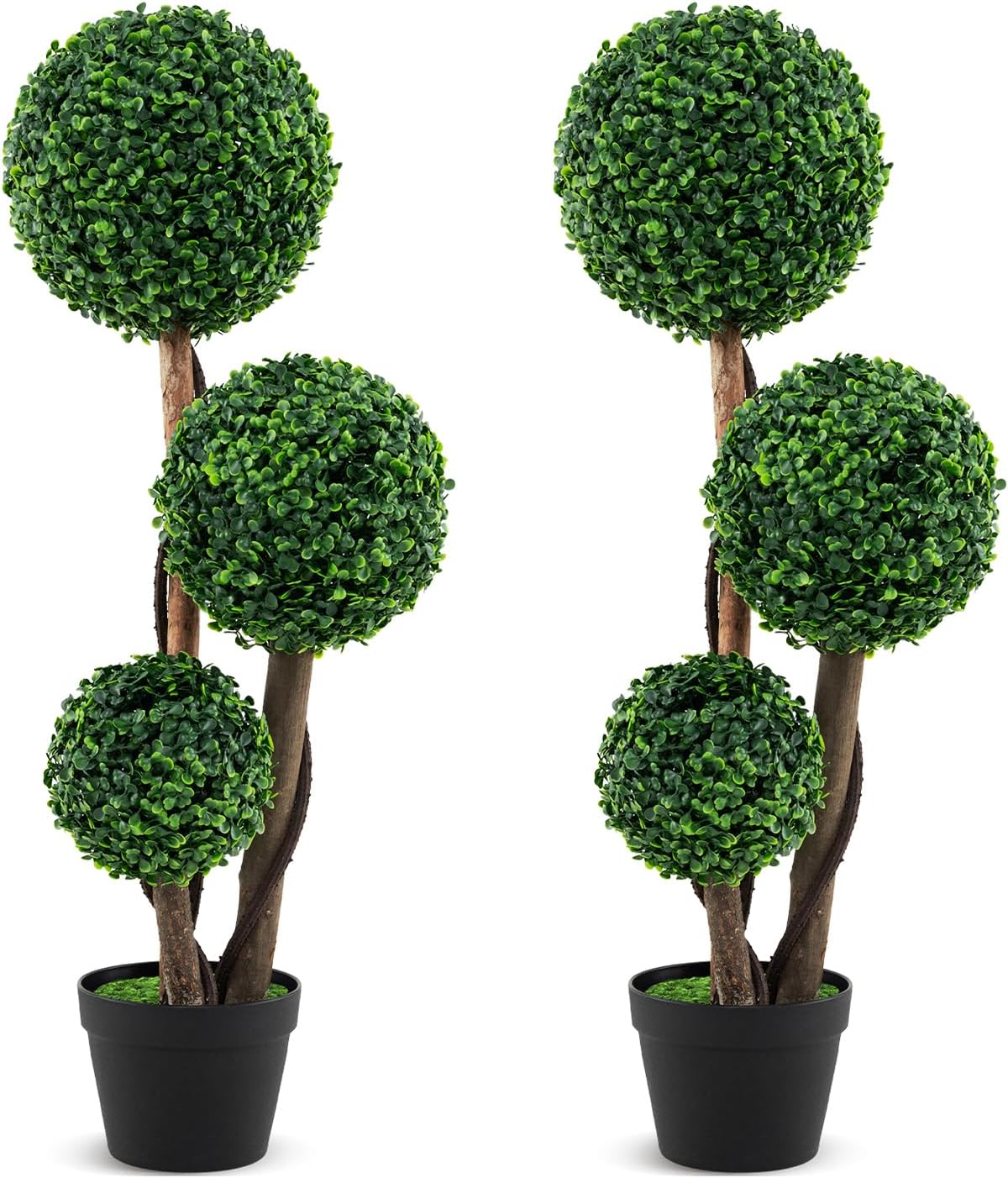 Lucktree 3ft Artificial Boxwood Topiary Ball Tree, Faux Potted Plants with Solid Wood Trunks