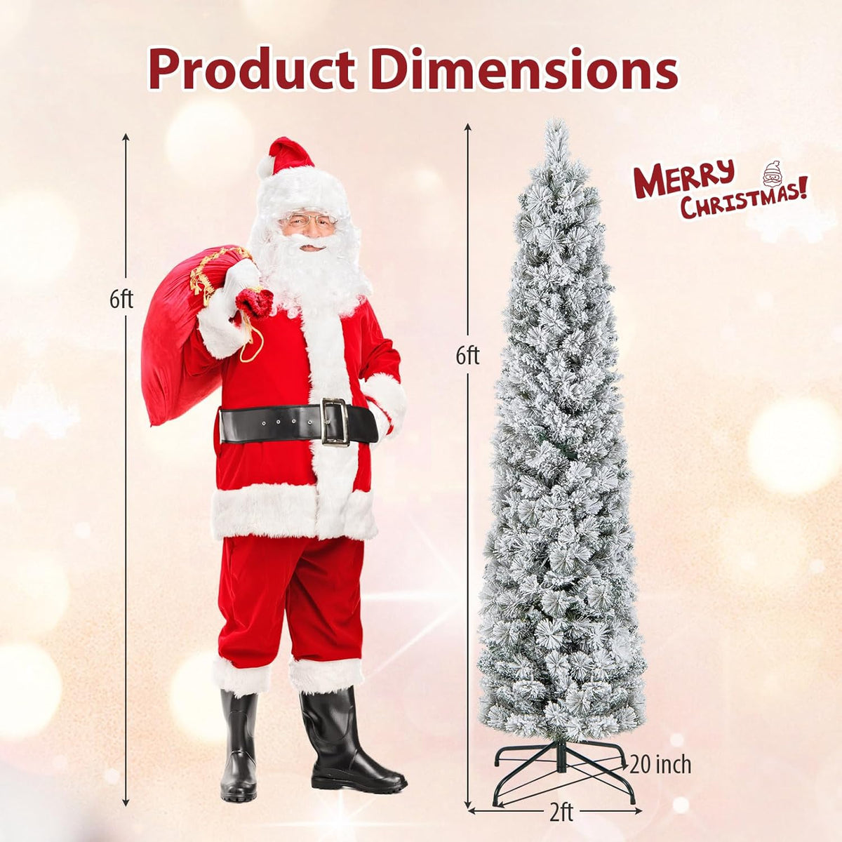 Lucktree Pre-Lit Snow Flocked Pencil Christmas Tree for Home Office Holiday Decor