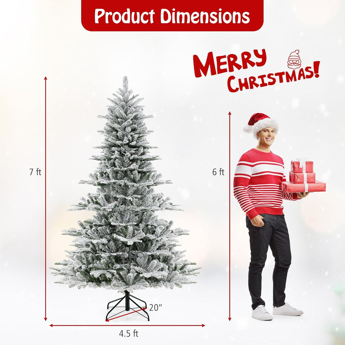 Lucktree 6/7/8 ft Pre-Lit Snow Flocked Christmas Tree, Artificial Hinged Xmas Tree with 661/1119/1447 PVC & PE Tips