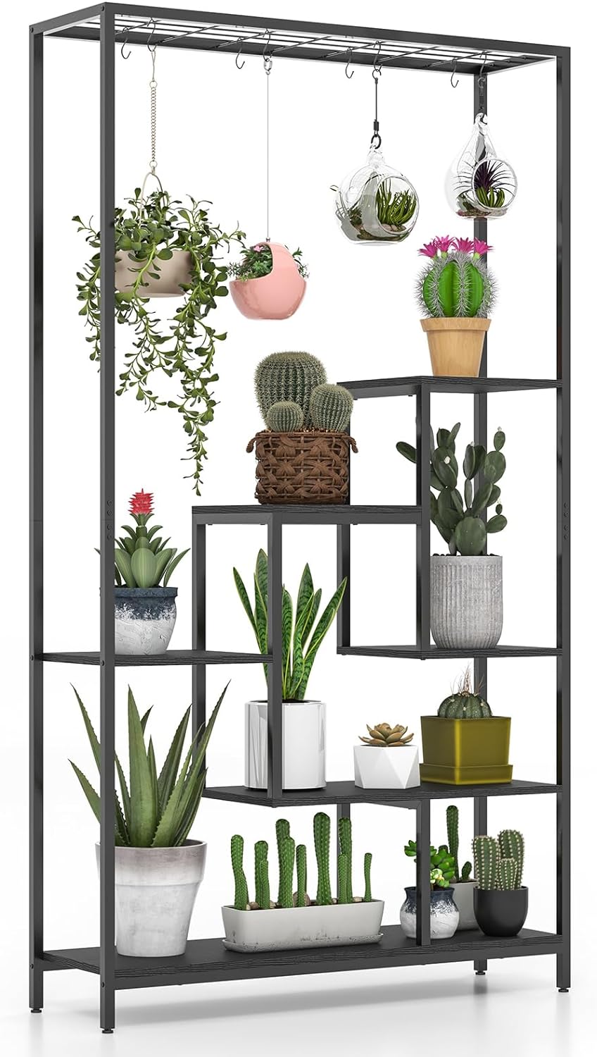 Lucktree 71" Tall Plant Stand Indoor, 6-Tier Metal Plant Shelf with 10 Hanging Hooks