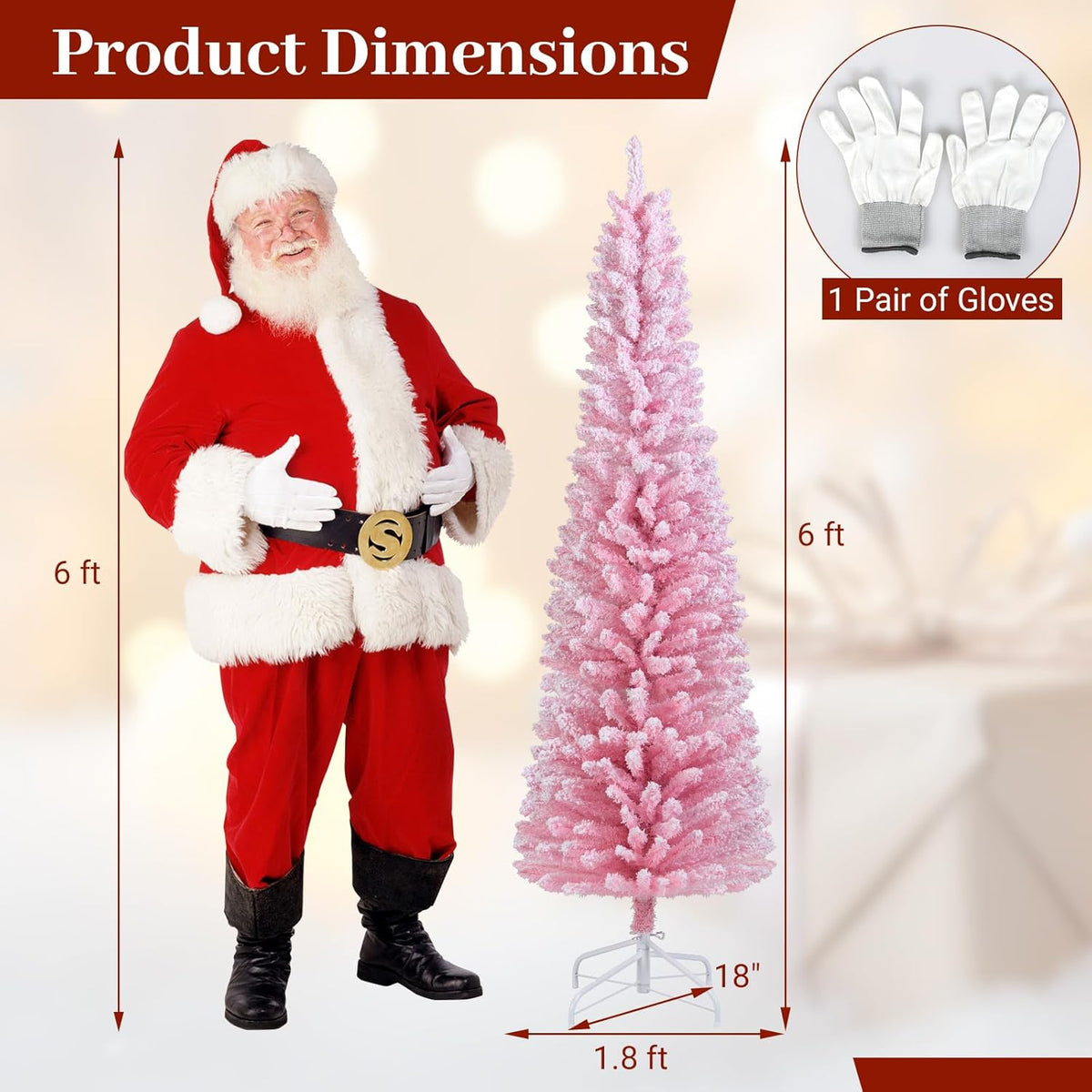 Lucktree 5ft / 6ft Pink Slim Pencil Christmas Tree | Snow Flocked Skinny Xmas Full Tree