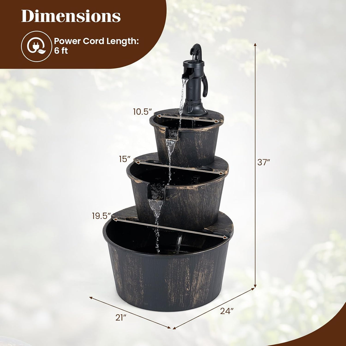 Lucktree 3-Tier Barrel Waterfall Fountain with Electric Pump