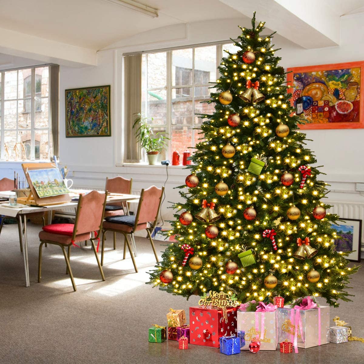 7.5FT Artificial Christmas Tree Pre-Lit Spruce Hinged Tree - LucktreeUS