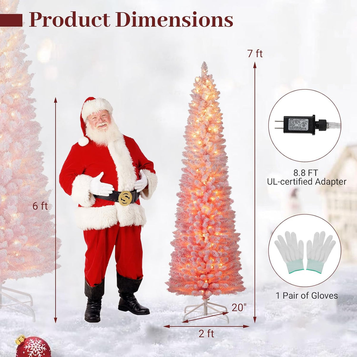 Lucktree 6ft / 7ft Pink Slim Pencil Christmas Tree | Pre-lit Snow Flocked Artificial Skinny Xmas Tree