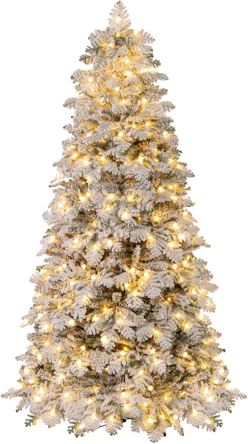 Lucktree Pre-Lit Snow Flocked Christmas Tree with Mixed Branch Tips & LED Lights