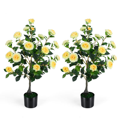 Lucktree 35.5" Artificial Camellia Tree Faux Floral Plant Blooming Tree in Cement Pot