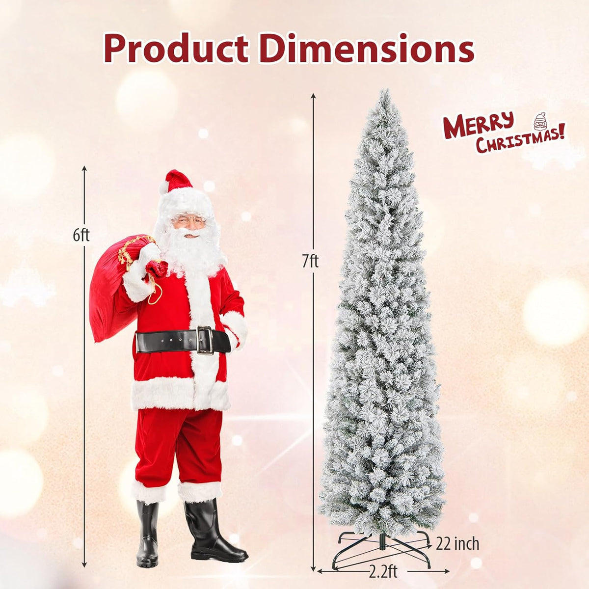 Lucktree Pre-Lit Snow Flocked Pencil Christmas Tree for Home Office Holiday Decor