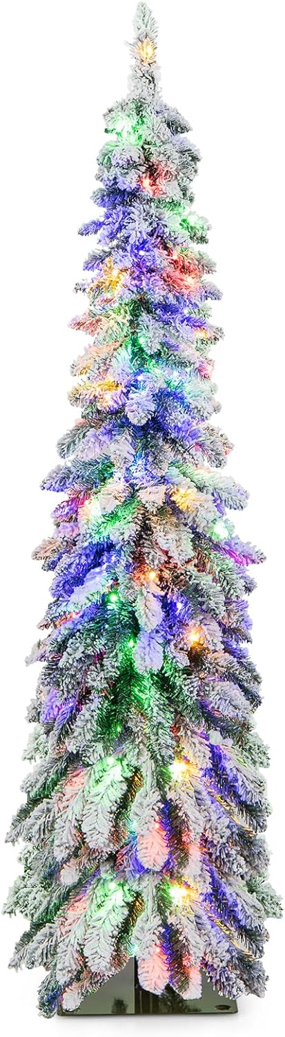 Lucktree Pre-Lit Flocked Pencil Christmas Tree Artificial Slim Xmas Tree