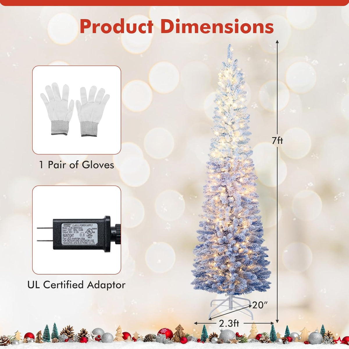 Lucktree 6FT / 7FT Blue Gradient Snow Flocked Christmas Tree with Warm White LED Lights